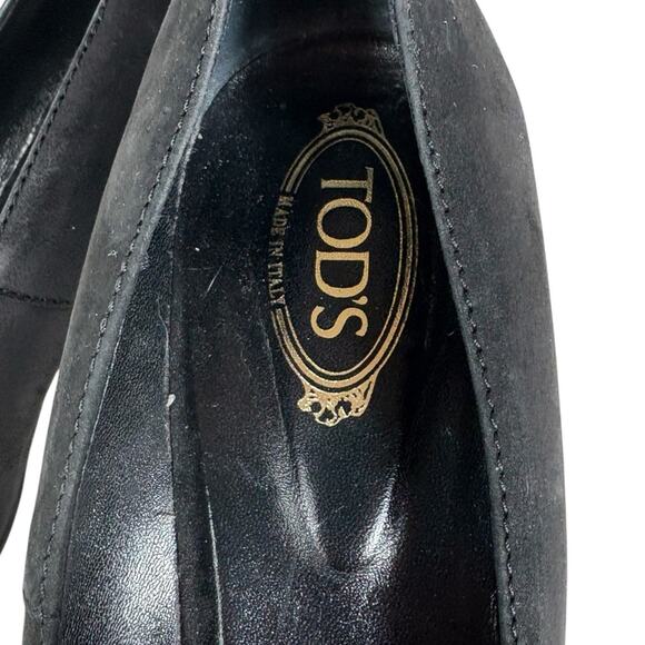 Tod's Black Nubuck Gold Studded Block Heel Round Toe Pumps Size 37 1/2  / 7.5 US - Picture 10 of 12